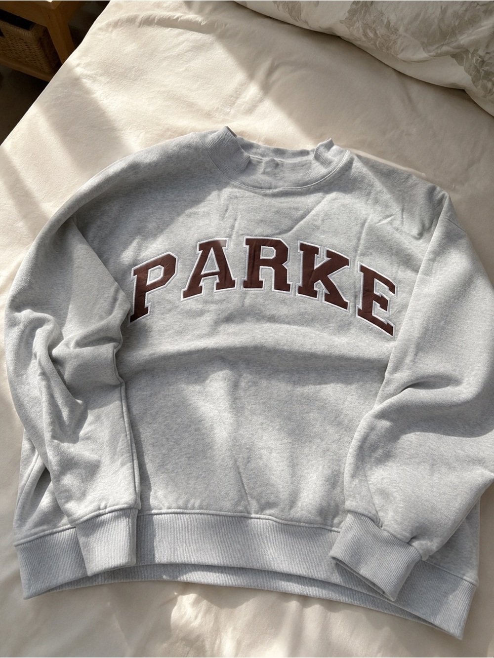 PARKE Texas Varsity Mockneck Sweatshirt in Classic Grey Cowboy Brown